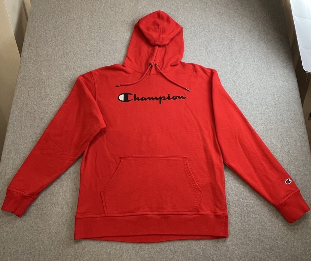 Vintage Champion Hoodie Mens Size L Red Front Logo Comfortable Pullover